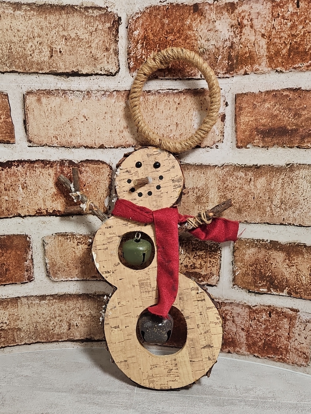 Vintage Rustic Cork Snowman Wall Hanging with Red Scarf